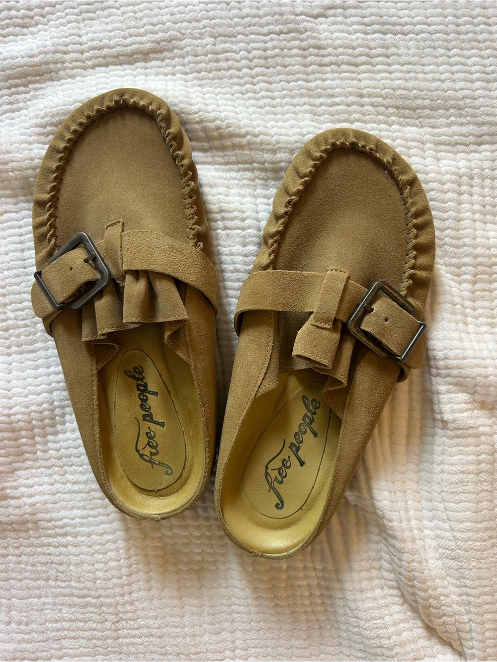 Free People Tan Suede Fringe Buckle Mules
